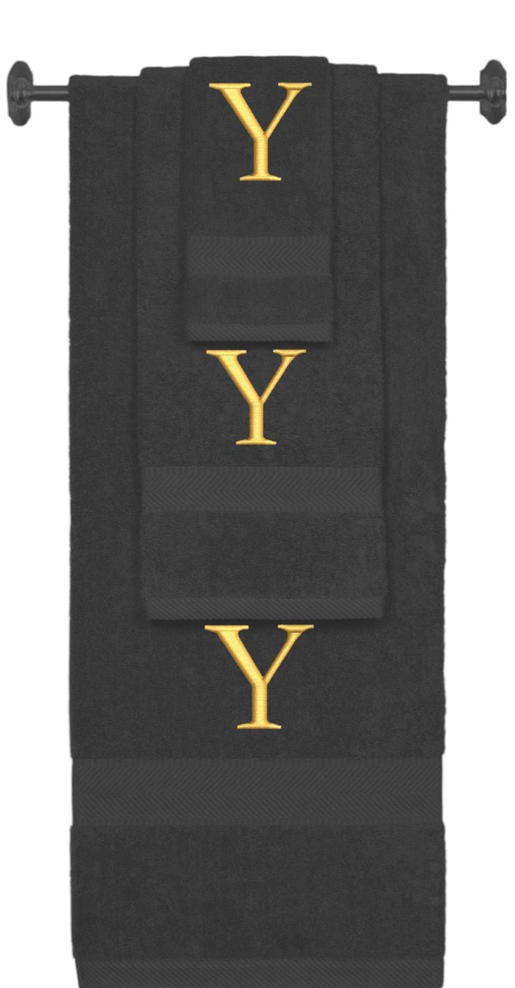 Charcoal monogrammed towel set with Gold thread, Times New Roman font, initial Y - 540 GSM cotton 3-piece