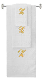 White monogrammed towel set with Gold thread, Diana Script font, initial X - 540 GSM cotton 3-piece