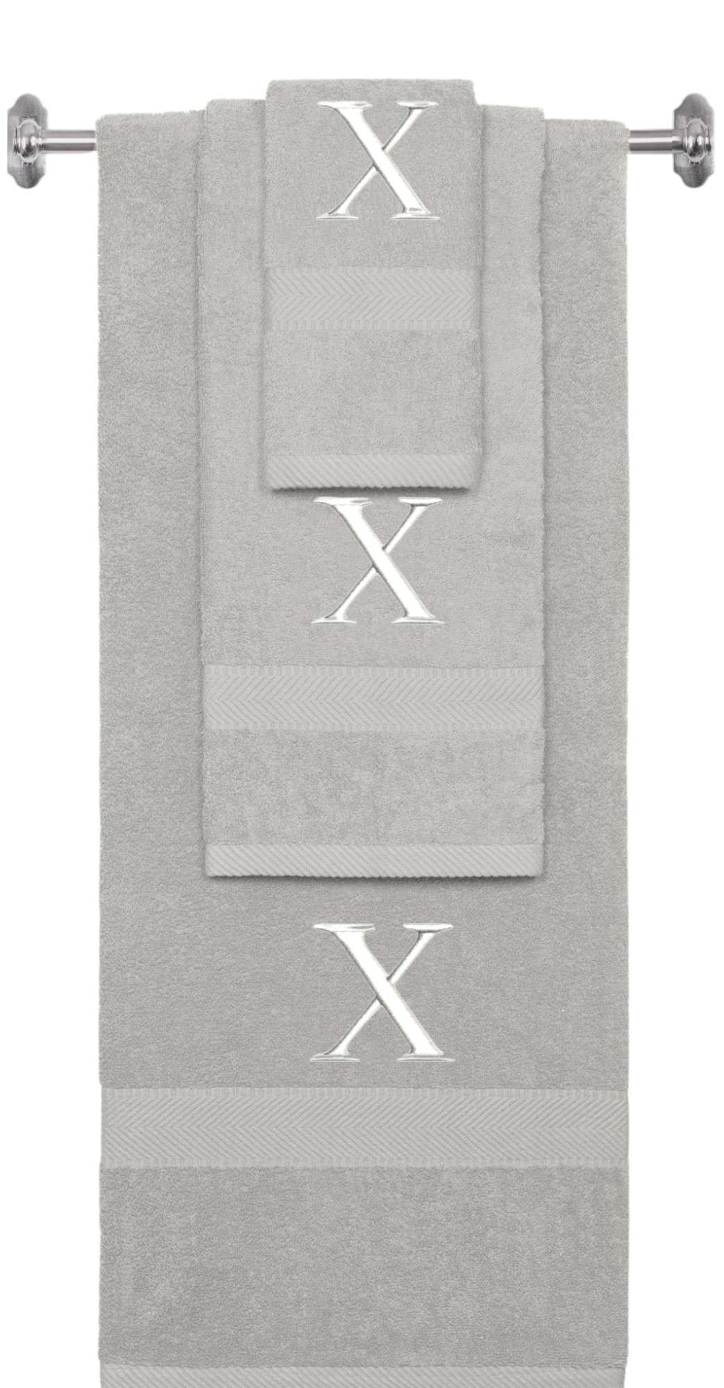 Silver monogrammed towel set with White thread, Times New Roman font, initial X - 540 GSM cotton 3-piece