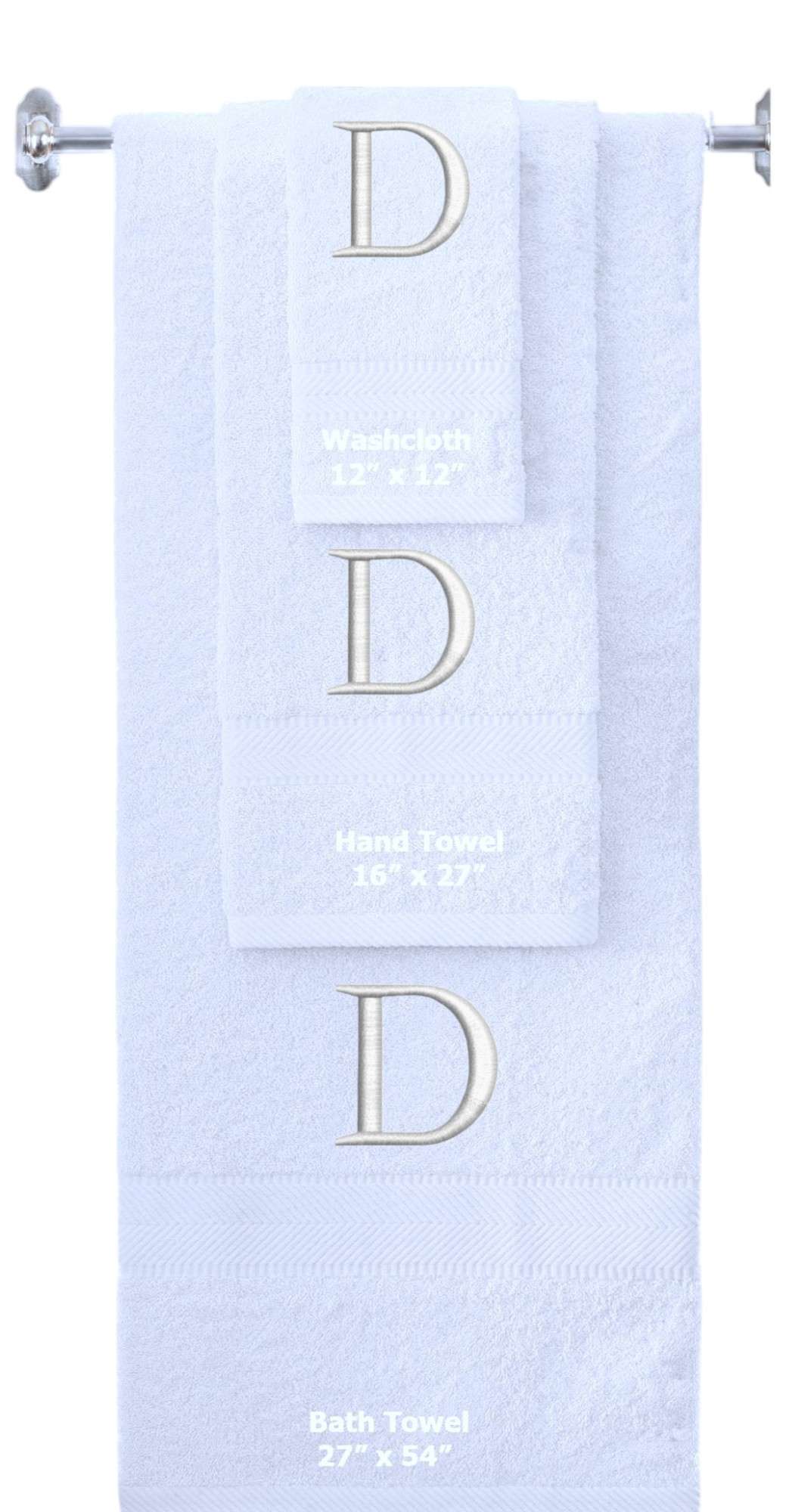 White monogrammed towel set with Silver thread, Times New Roman font, initial D - 540 GSM cotton 3-piece