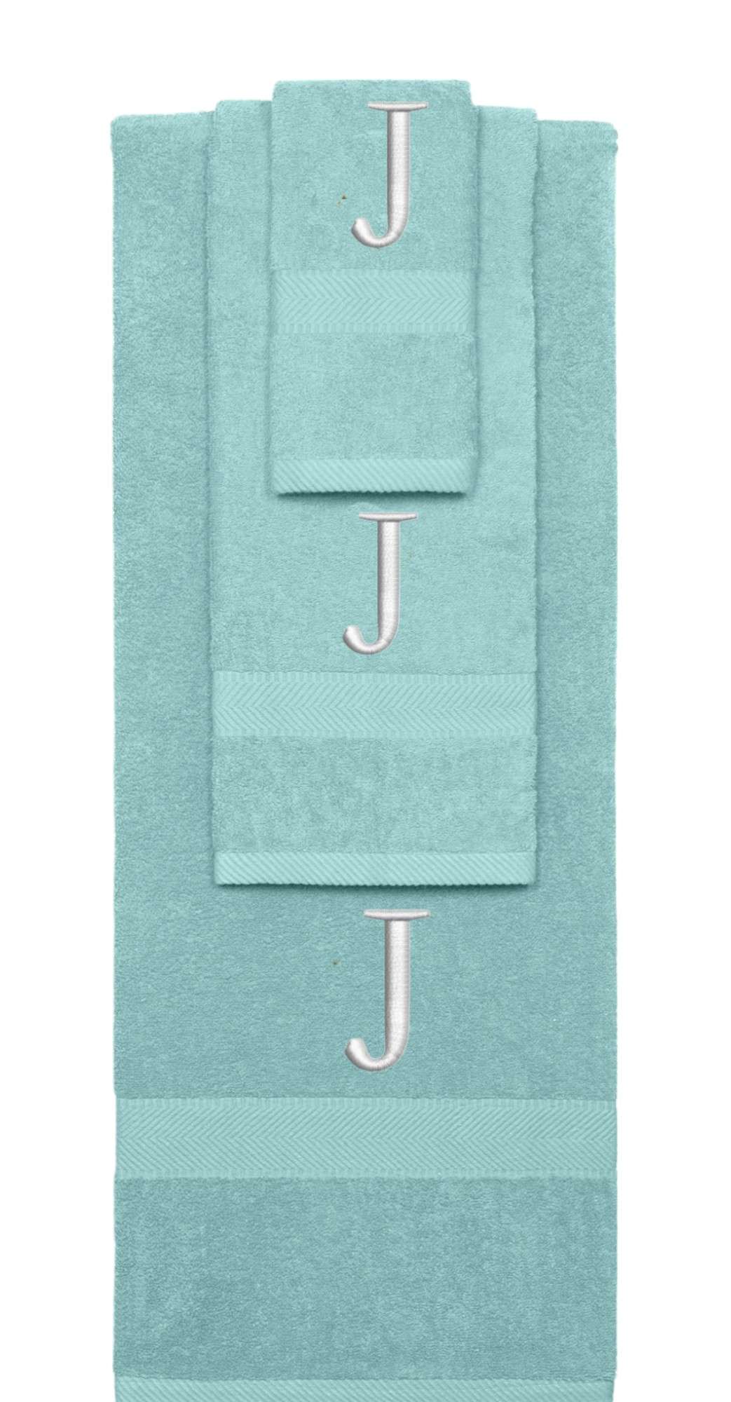 Nautical Teal monogrammed towel set with Silver thread, Times New Roman font, initial J - 540 GSM cotton 3-piece