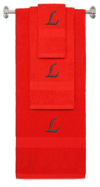 Red monogrammed towel set with Black thread, Chancery font, initial L - 540 GSM cotton 3-piece