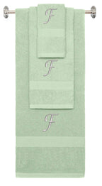 Mint Green monogrammed towel set with Silver thread, Chancery font, initial F - 540 GSM cotton 3-piece