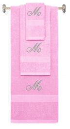 Pink monogrammed towel set with Silver thread, Diana Script font, initial M - 540 GSM cotton 3-piece