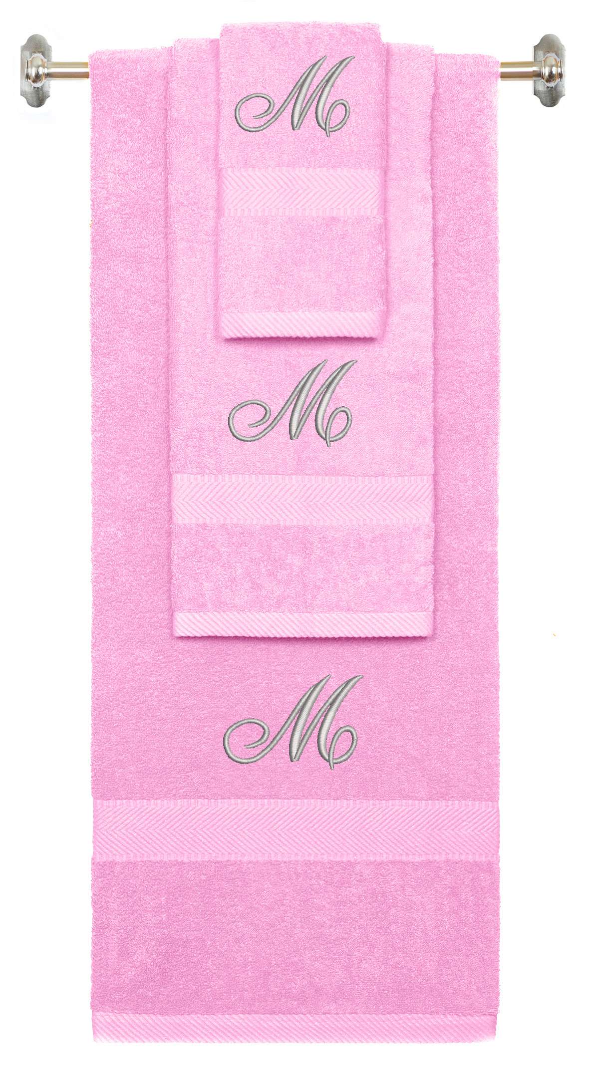 Pink monogrammed towel set with Silver thread, Diana Script font, initial M - 540 GSM cotton 3-piece