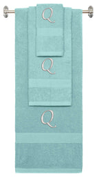 Nautical Teal monogrammed towel set with Silver thread, Chancery font, initial Q - 540 GSM cotton 3-piece