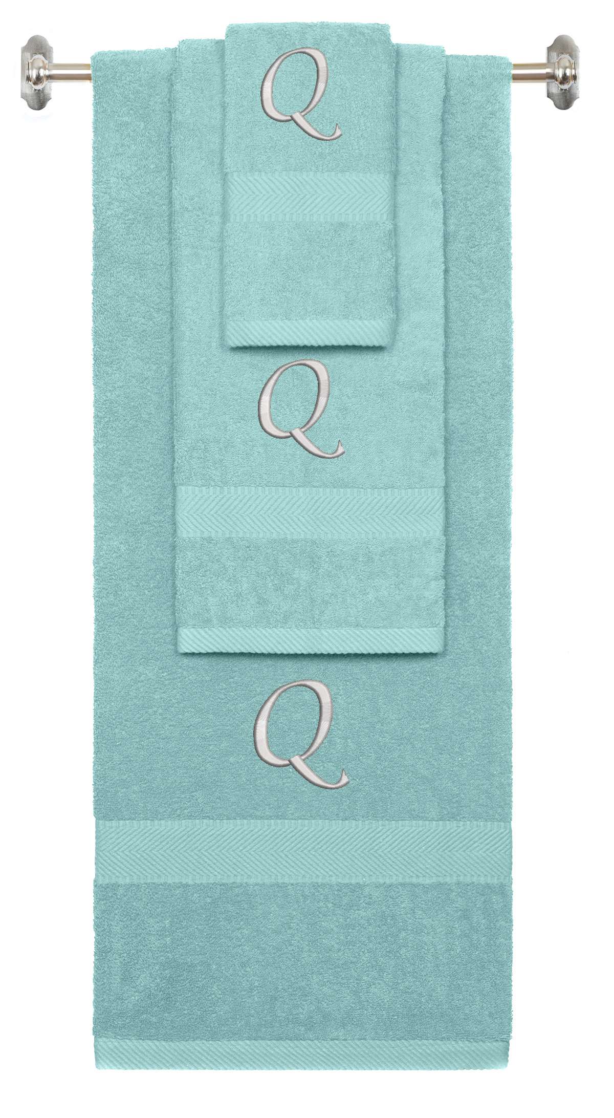 Nautical Teal monogrammed towel set with Silver thread, Chancery font, initial Q - 540 GSM cotton 3-piece