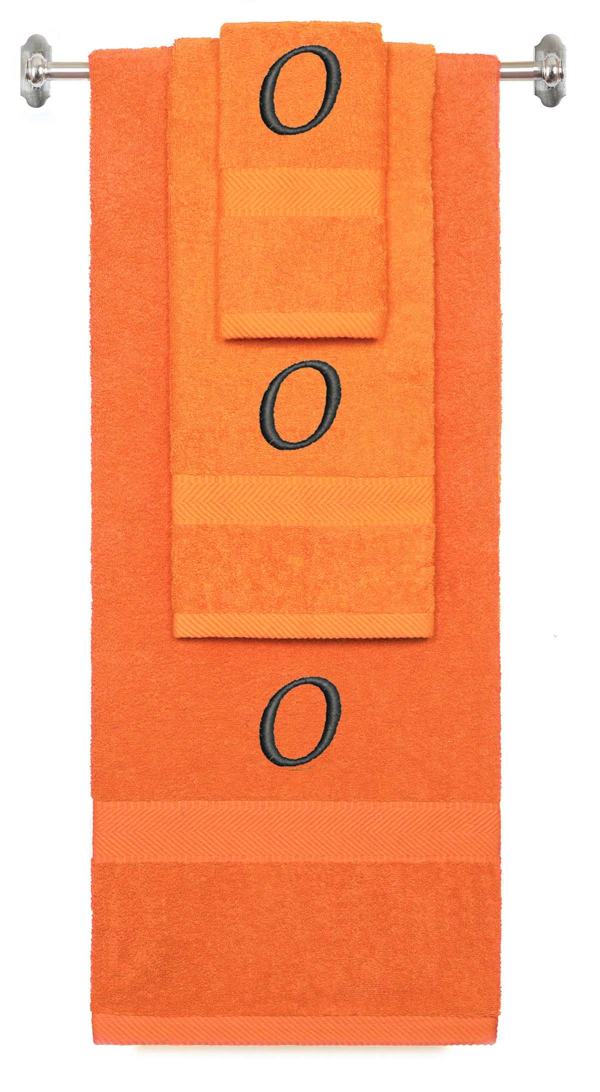Orange monogrammed towel set with Black thread, Chancery font, initial O - 540 GSM cotton 3-piece