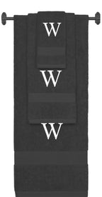 Charcoal monogrammed towel set with White thread, Times New Roman font, initial W - 540 GSM cotton 3-piece