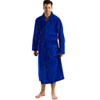 Robesale blue plush terry cotton shawl collar bathrobe with tie belt and pockets