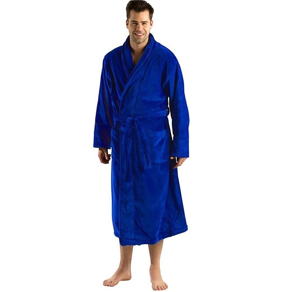 Robesale blue plush terry cotton shawl collar bathrobe with tie belt and pockets