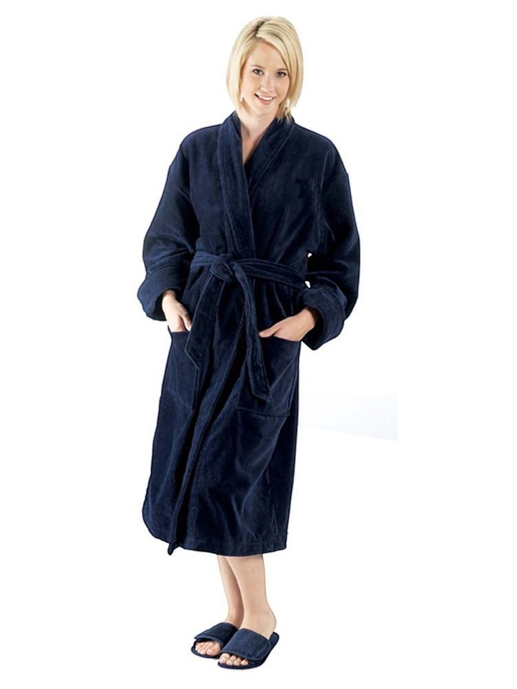 Robesale navy blue plush terry cotton shawl collar bathrobe with tie belt and pockets