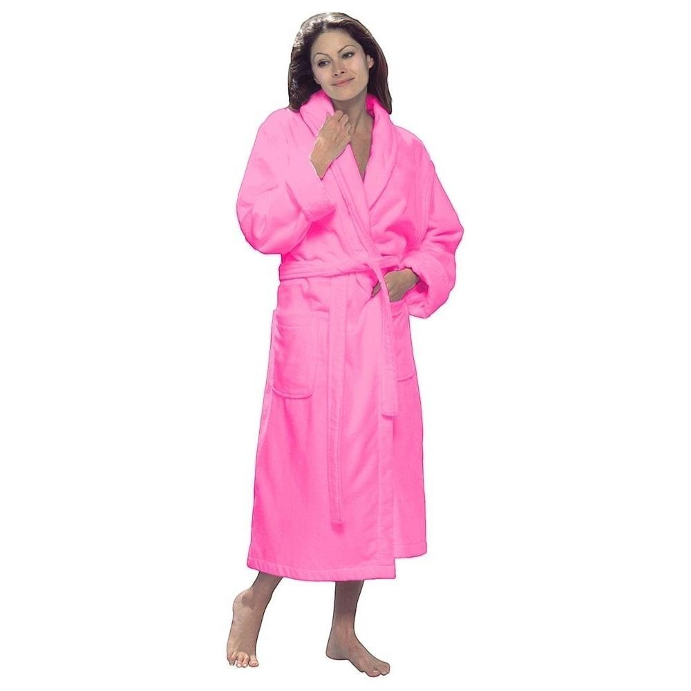 Robesale pink terry cotton shawl collar bathrobe with tie belt and pockets.