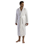 Robesale white terry cotton shawl collar bathrobe with tie belt and pockets, worn by a man.