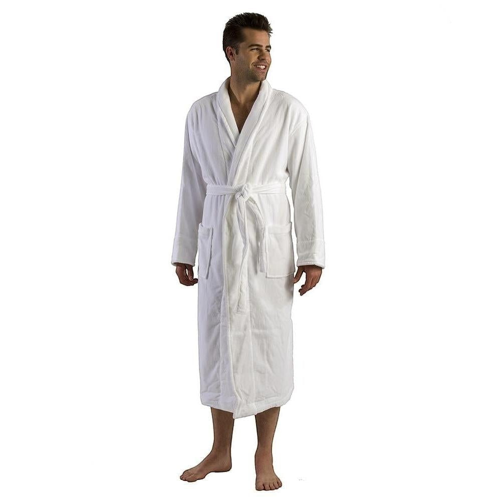Robesale white terry cotton shawl collar bathrobe with tie belt and pockets, worn by a man.