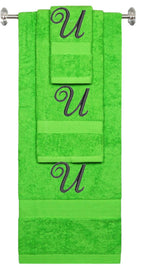Lime monogrammed towel set with Black thread, Diana Script font, initial U - 540 GSM cotton 3-piece