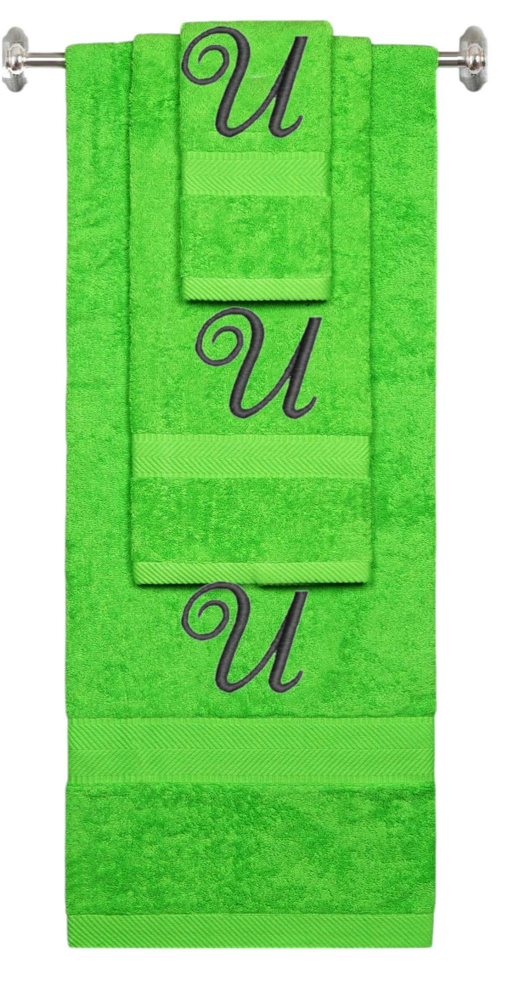 Lime monogrammed towel set with Black thread, Diana Script font, initial U - 540 GSM cotton 3-piece