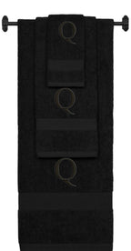 Black monogrammed towel set with Black thread, Times New Roman font, initial Q - 540 GSM cotton 3-piece