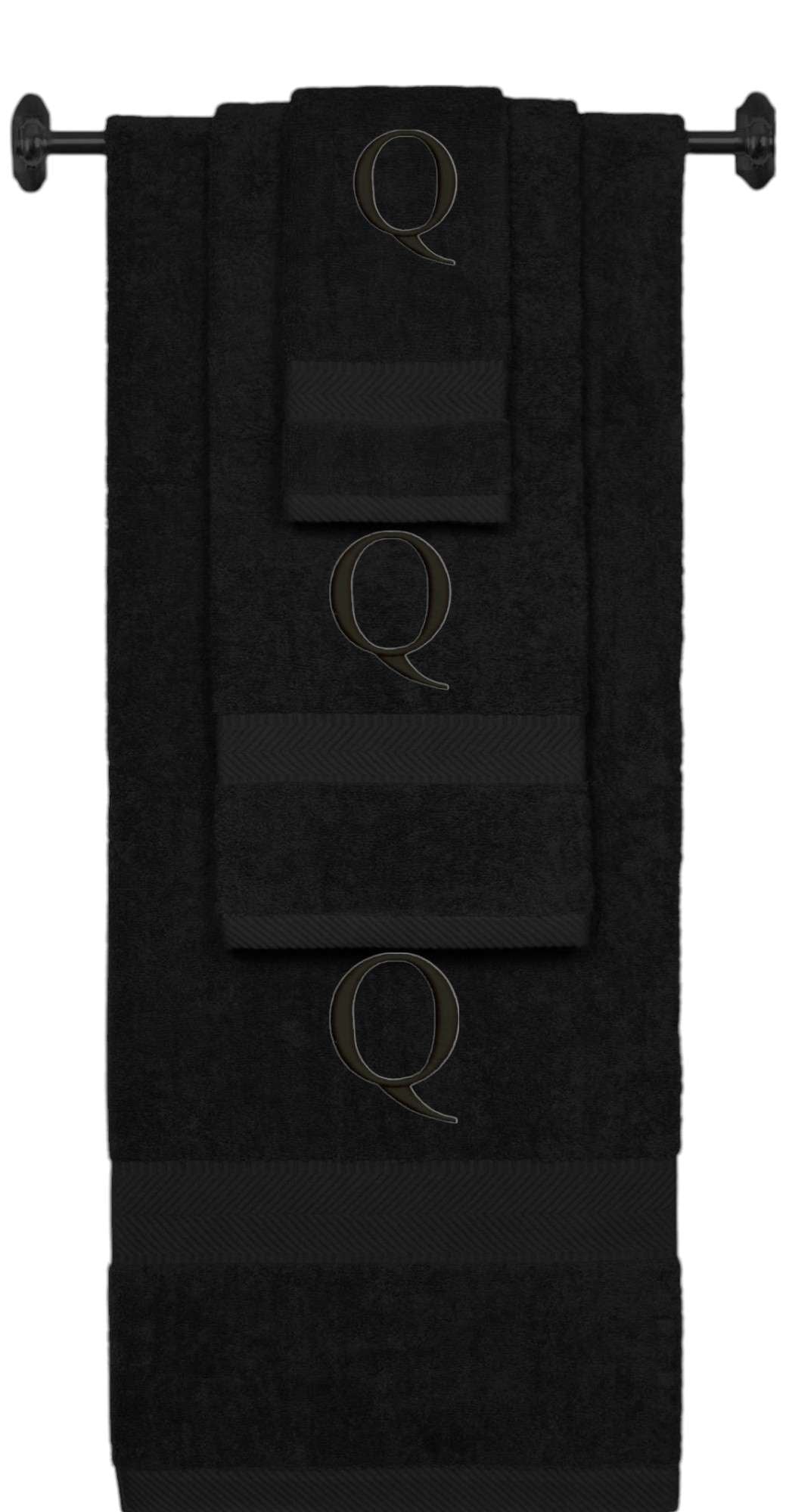 Black monogrammed towel set with Black thread, Times New Roman font, initial Q - 540 GSM cotton 3-piece
