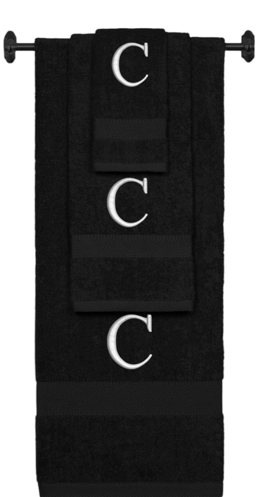 Black monogrammed towel set with Silver thread, Times New Roman font, initial C - 540 GSM cotton 3-piece