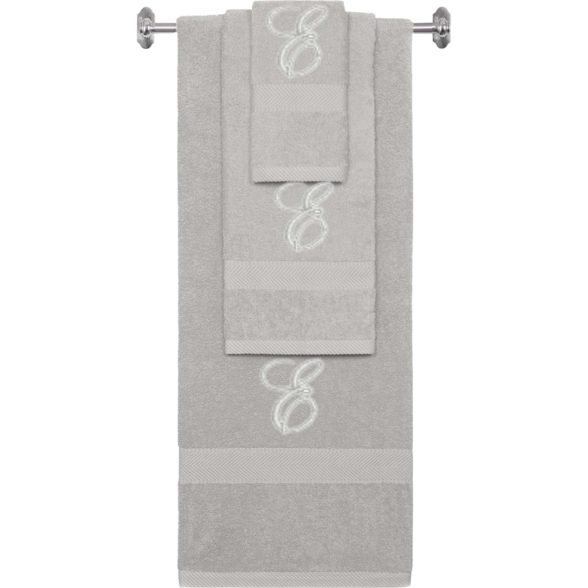 Silver monogrammed towel set with Silver thread, Diana Script font, initial E - 540 GSM cotton 3-piece