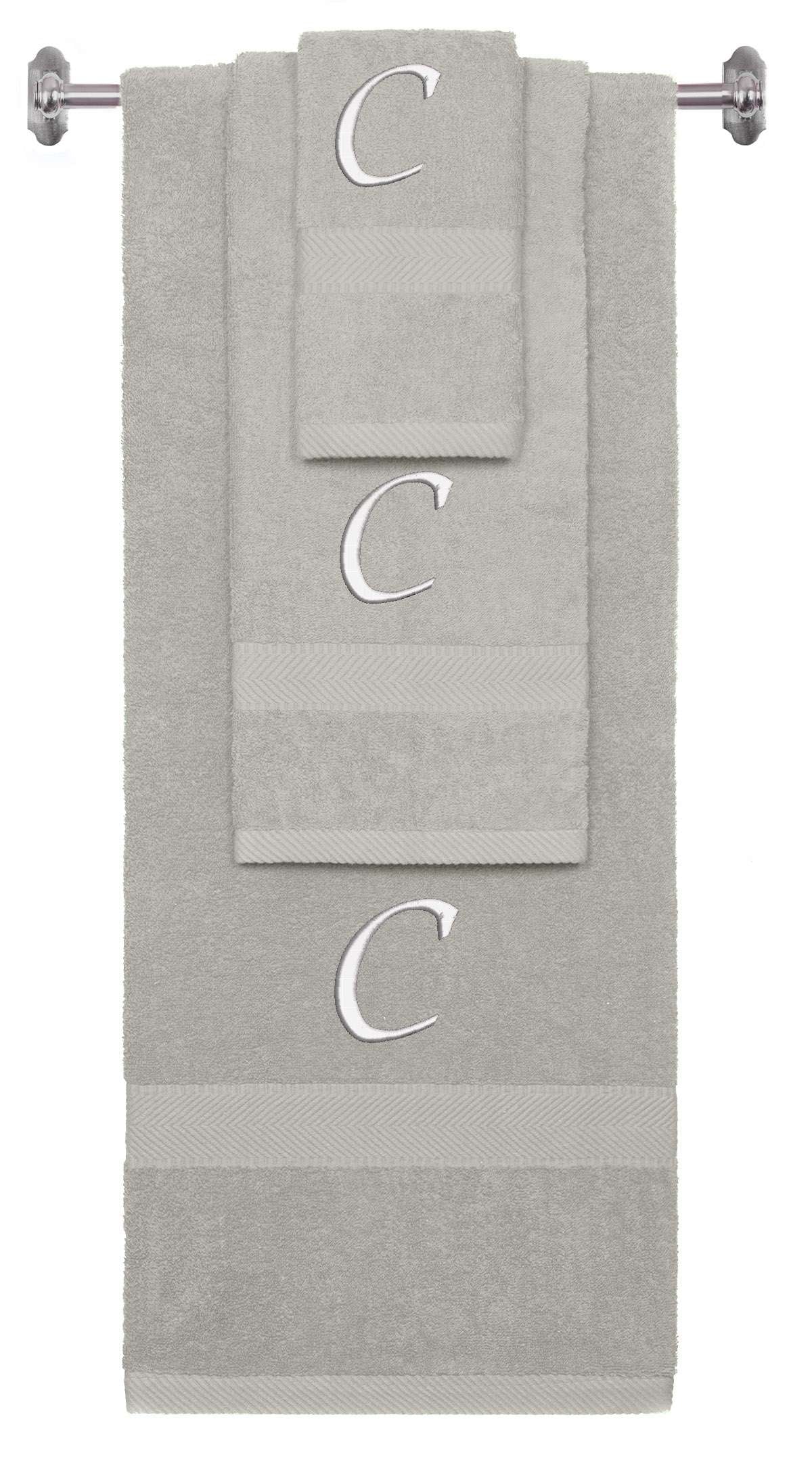 Silver monogrammed towel set with White thread, Chancery font, initial C - 540 GSM cotton 3-piece