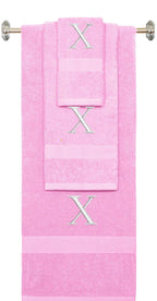 Pink monogrammed towel set with White thread, Times New Roman font, initial X - 540 GSM cotton 3-piece