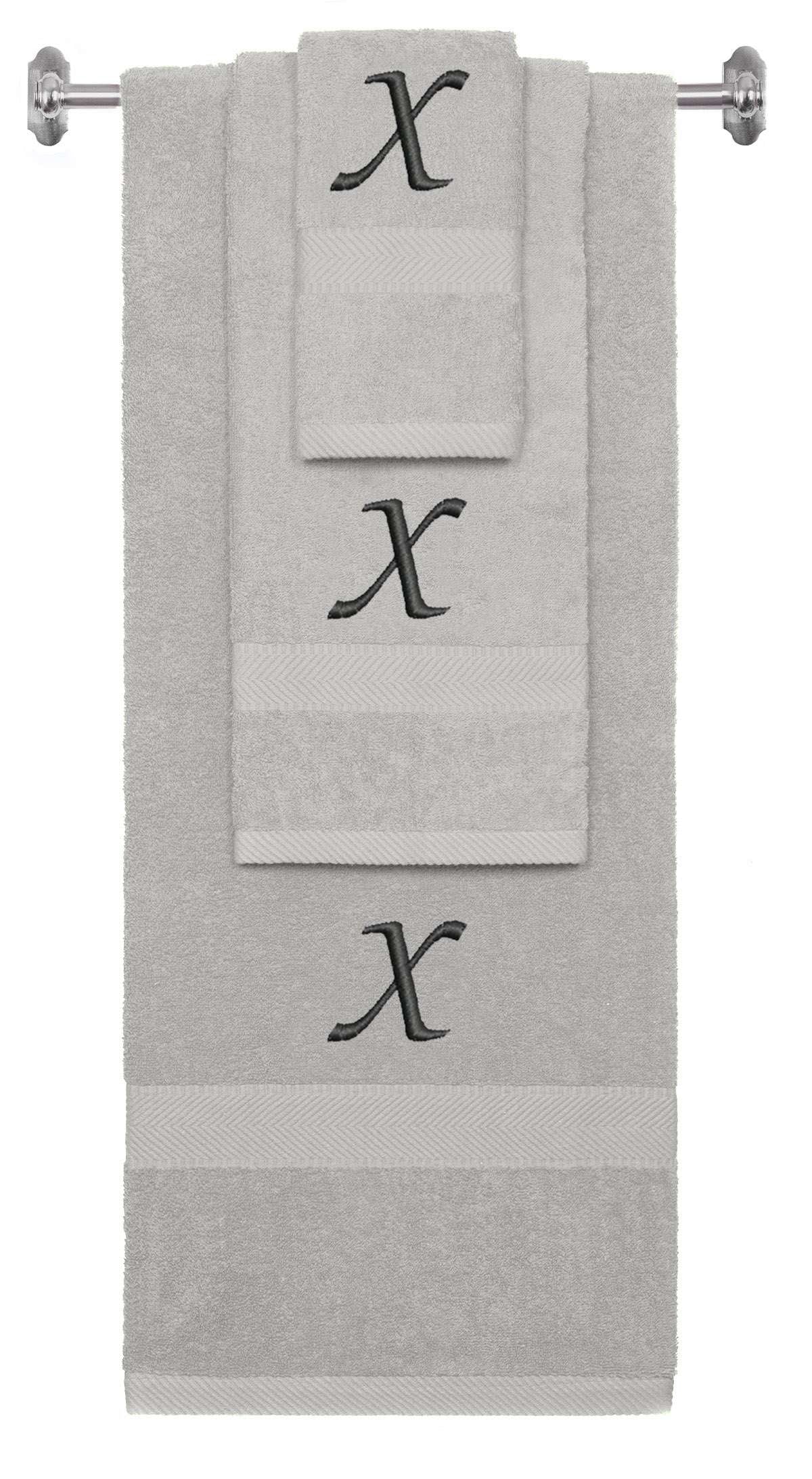 Silver monogrammed towel set with Black thread, Chancery font, initial X - 540 GSM cotton 3-piece