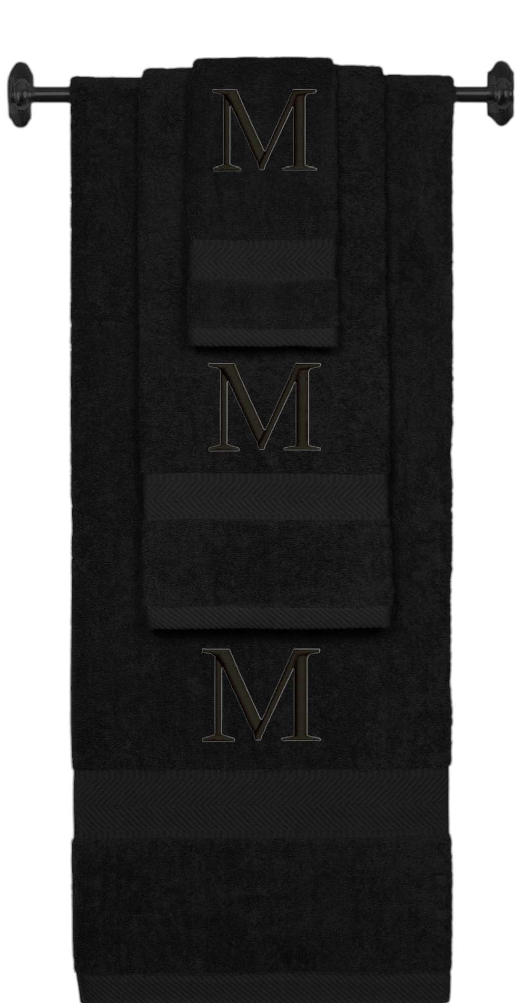 Black monogrammed towel set with Black thread, Times New Roman font, initial M - 540 GSM cotton 3-piece