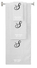 White monogrammed towel set with Black thread, Diana Script font, initial S - 540 GSM cotton 3-piece