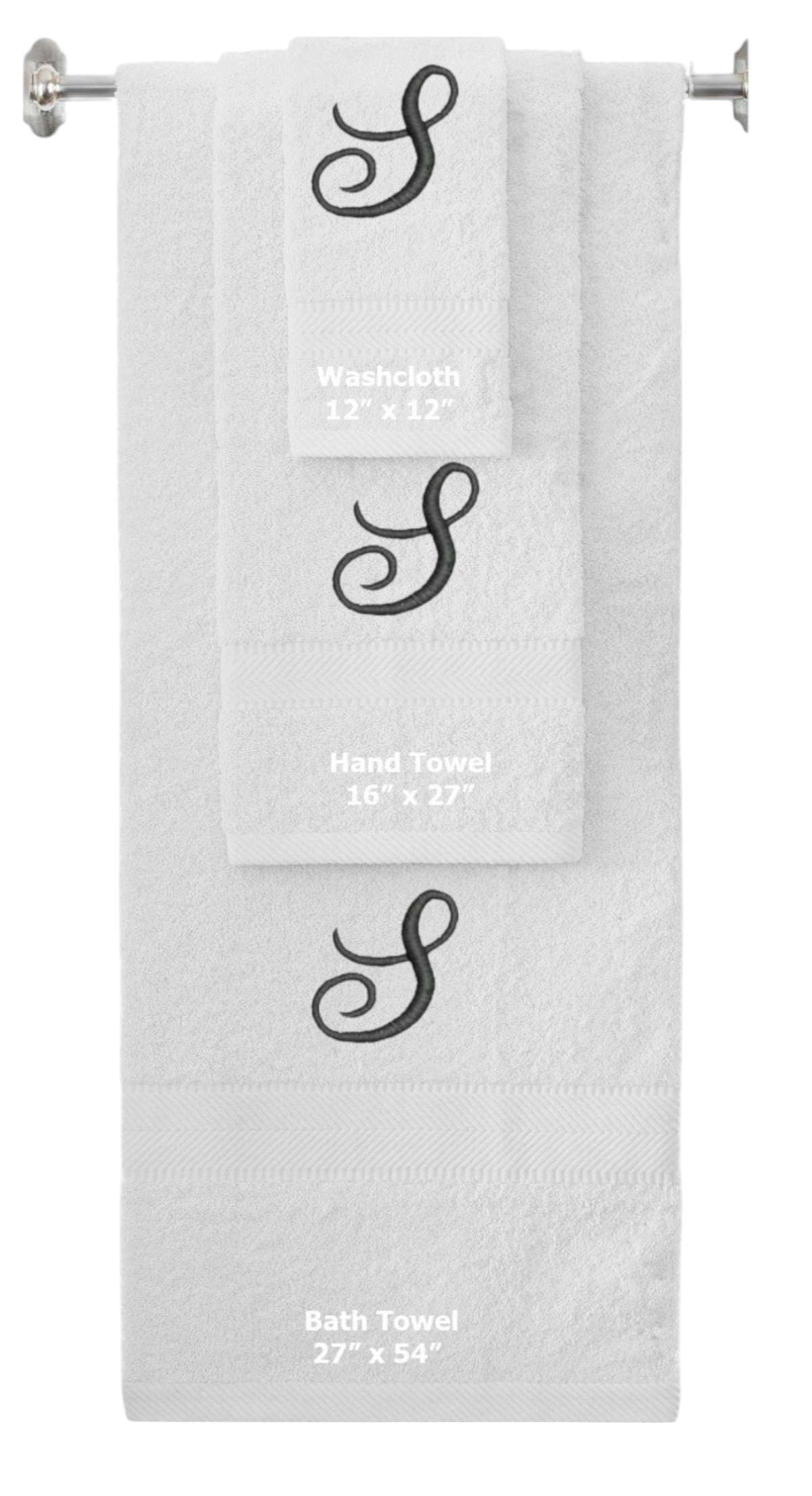 White monogrammed towel set with Black thread, Diana Script font, initial S - 540 GSM cotton 3-piece