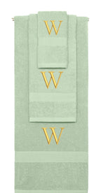 Mint Green monogrammed towel set with Gold thread, Times New Roman font, initial W - 540 GSM cotton 3-piece