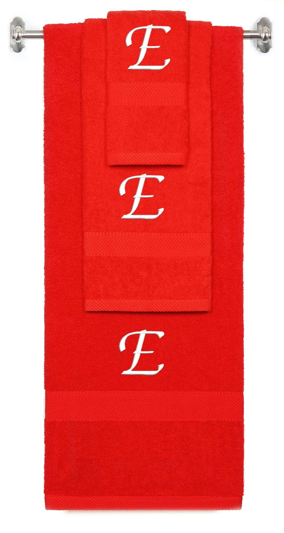 Red monogrammed towel set with White thread, Chancery font, initial E - 540 GSM cotton 3-piece
