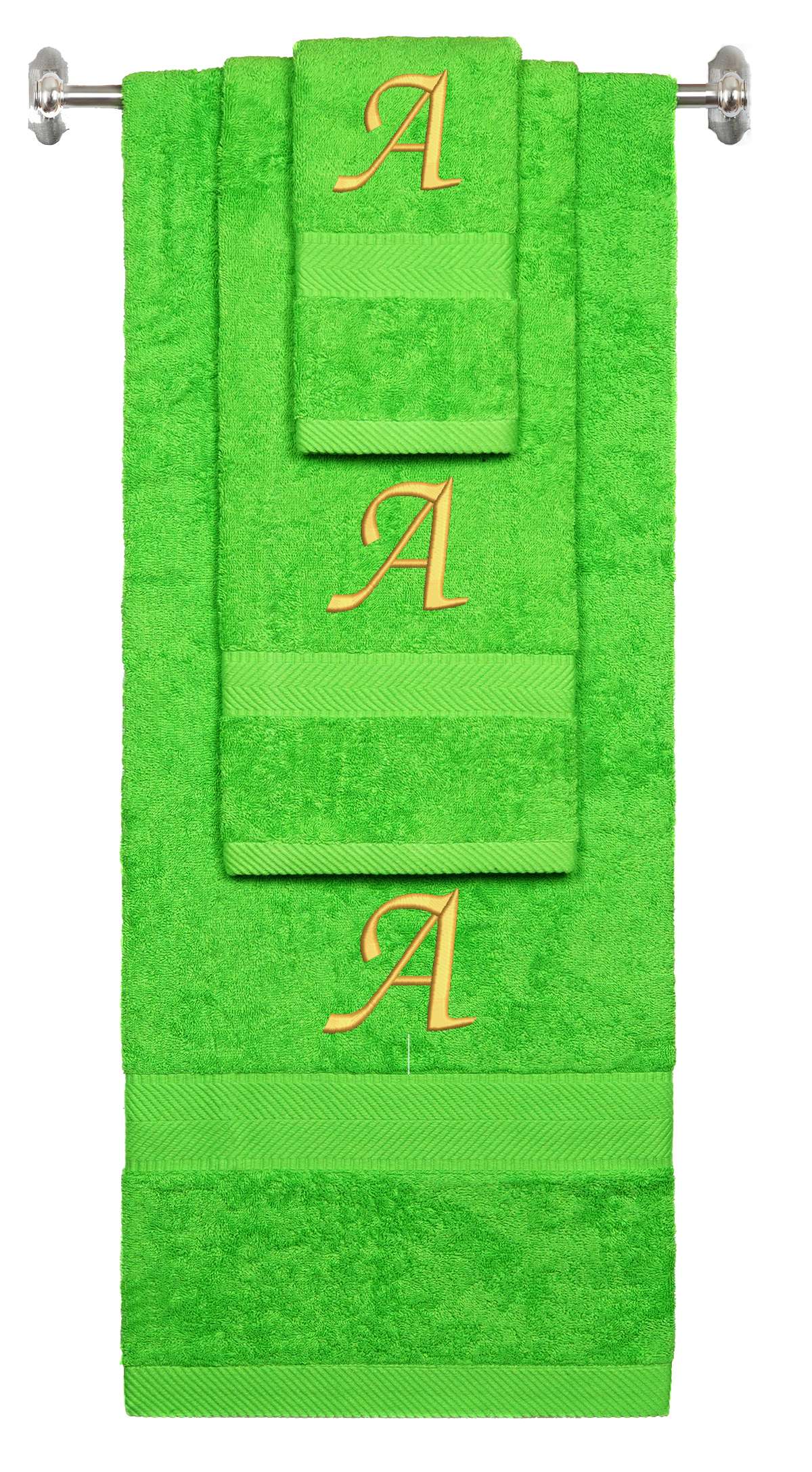 Lime monogrammed towel set with Gold thread, Chancery font, initial A - 540 GSM cotton 3-piece