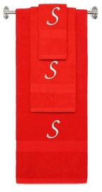 Red monogrammed towel set with Silver thread, Chancery font, initial S - 540 GSM cotton 3-piece
