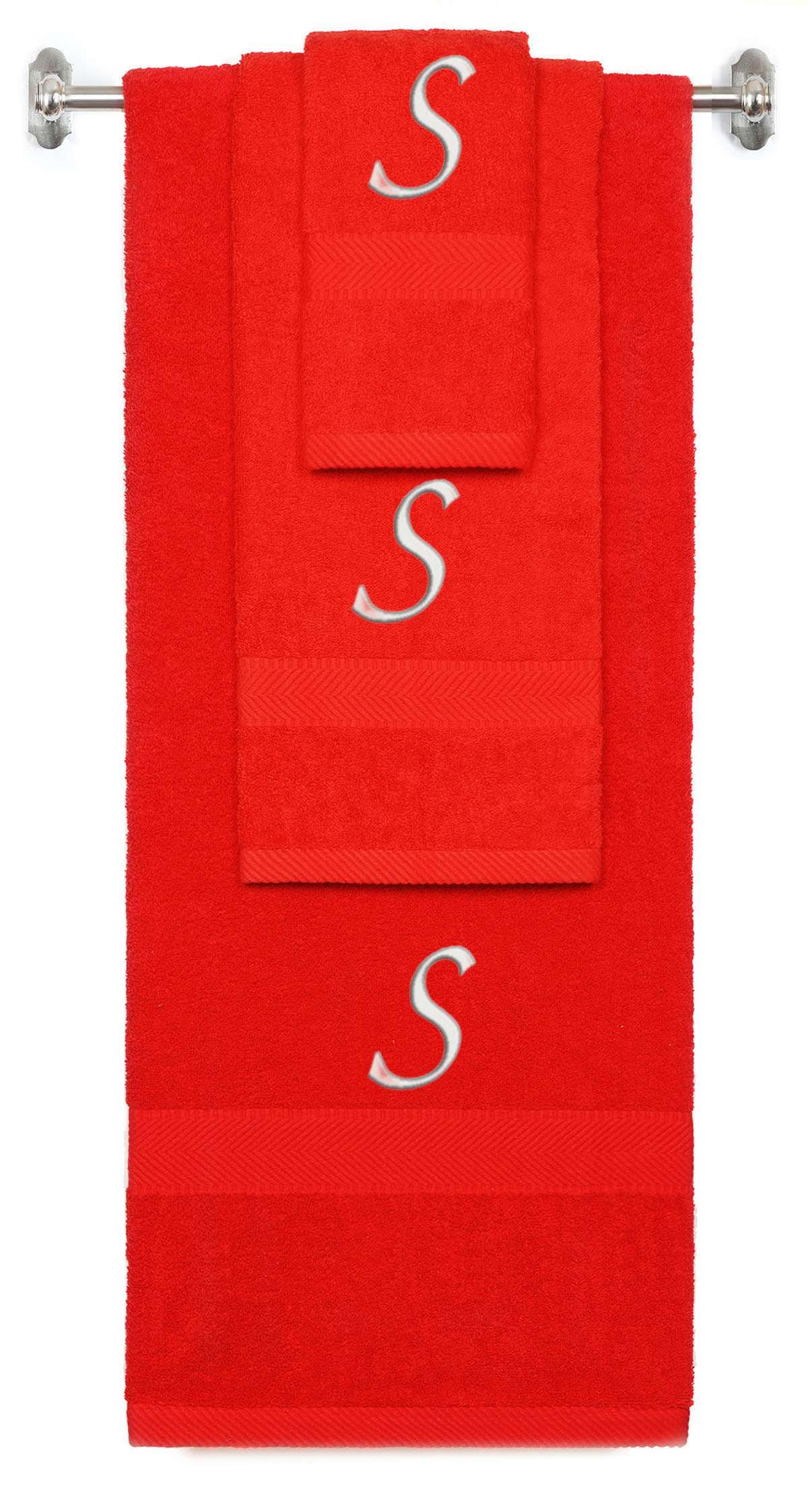Red monogrammed towel set with Silver thread, Chancery font, initial S - 540 GSM cotton 3-piece