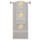 Silver monogrammed towel set with Gold thread, Diana Script font, initial B - 540 GSM cotton 3-piece