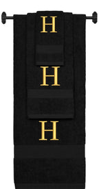 Black monogrammed towel set with Gold thread, Times New Roman font, initial H - 540 GSM cotton 3-piece