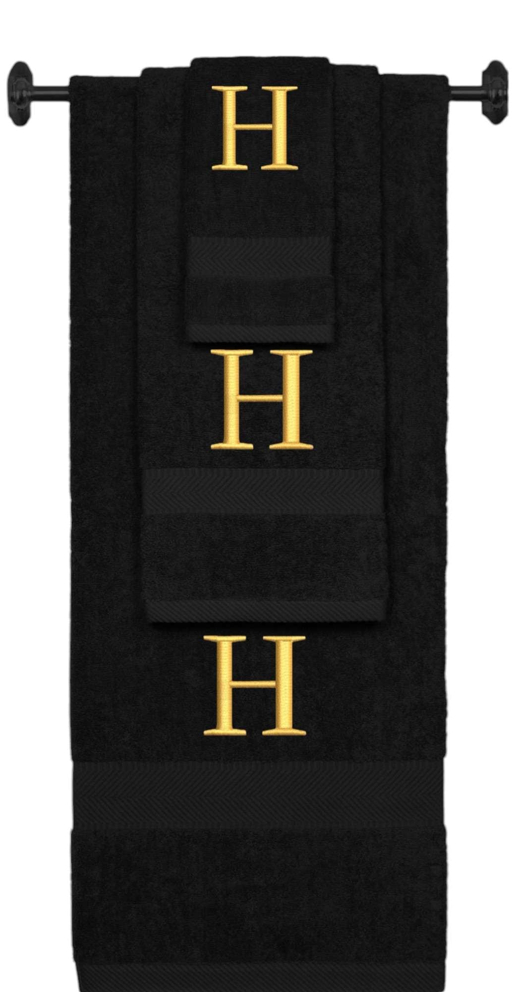 Black monogrammed towel set with Gold thread, Times New Roman font, initial H - 540 GSM cotton 3-piece