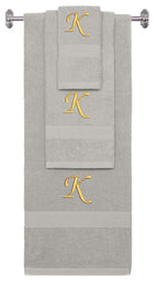 Silver monogrammed towel set with Gold thread, Chancery font, initial K - 540 GSM cotton 3-piece