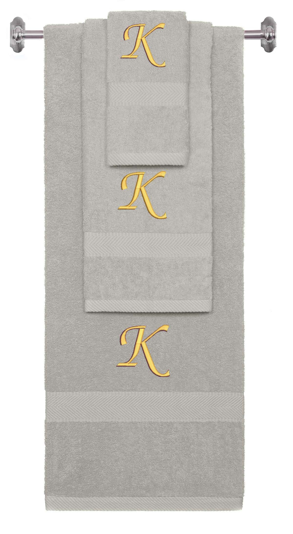 Silver monogrammed towel set with Gold thread, Chancery font, initial K - 540 GSM cotton 3-piece