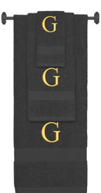 Charcoal monogrammed towel set with Gold thread, Times New Roman font, initial G - 540 GSM cotton 3-piece