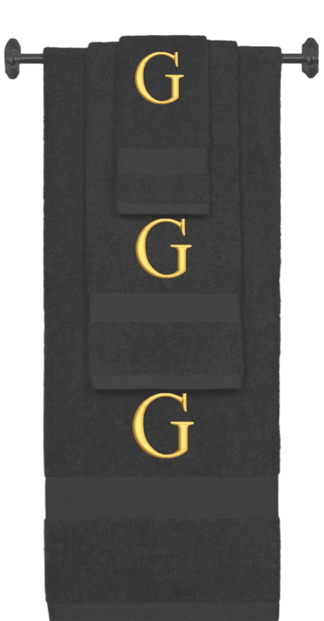 Charcoal monogrammed towel set with Gold thread, Times New Roman font, initial G - 540 GSM cotton 3-piece