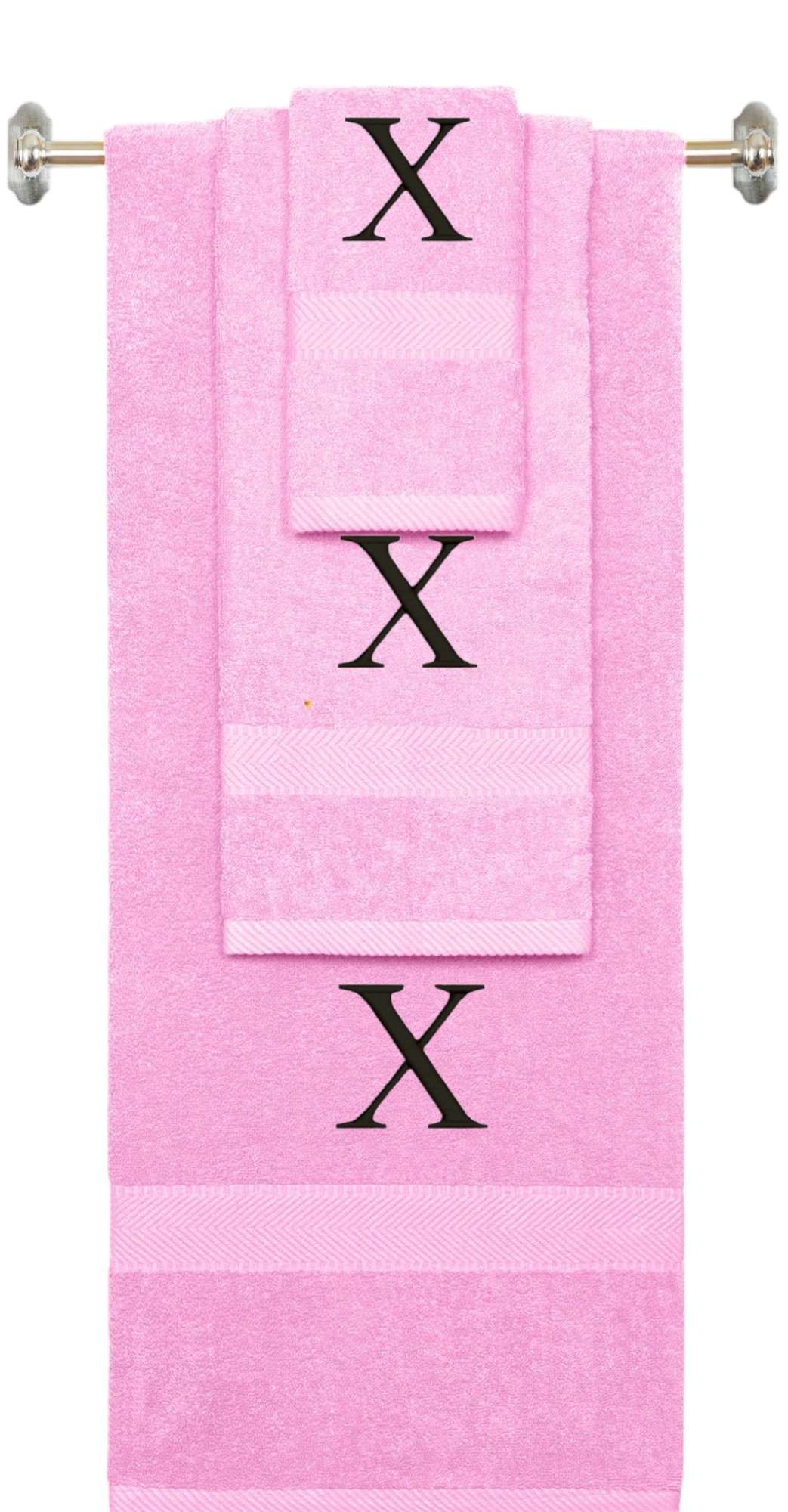 Pink monogrammed towel set with Black thread, Times New Roman font, initial X - 540 GSM cotton 3-piece