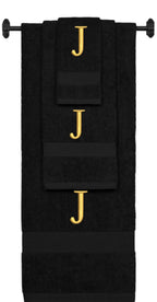 Black monogrammed towel set with Gold thread, Times New Roman font, initial J - 540 GSM cotton 3-piece