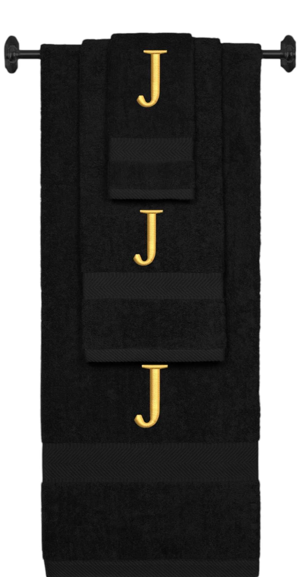 Black monogrammed towel set with Gold thread, Times New Roman font, initial J - 540 GSM cotton 3-piece
