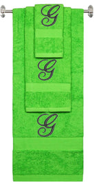 Lime monogrammed towel set with Black thread, Diana Script font, initial G - 540 GSM cotton 3-piece