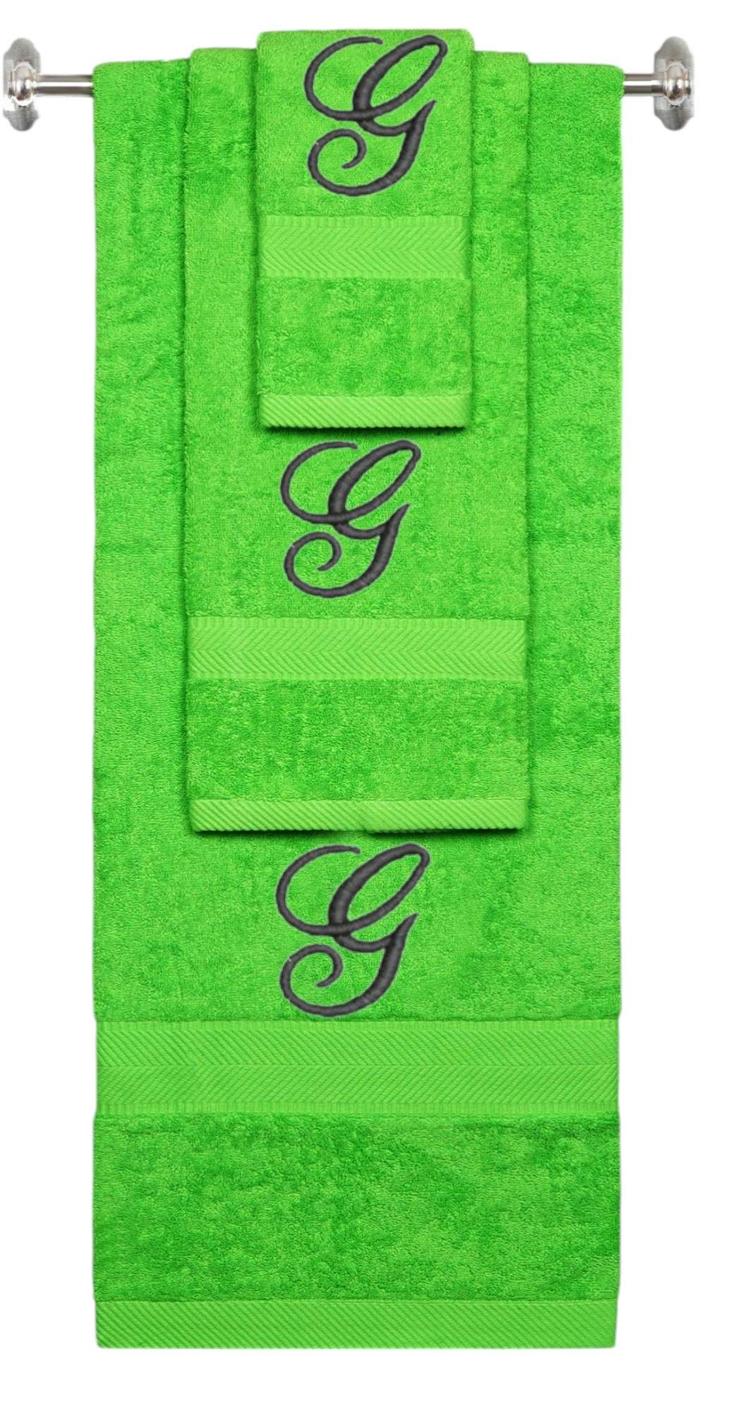Lime monogrammed towel set with Black thread, Diana Script font, initial G - 540 GSM cotton 3-piece