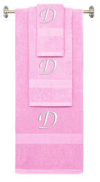 Pink monogrammed towel set with White thread, Chancery font, initial D - 540 GSM cotton 3-piece