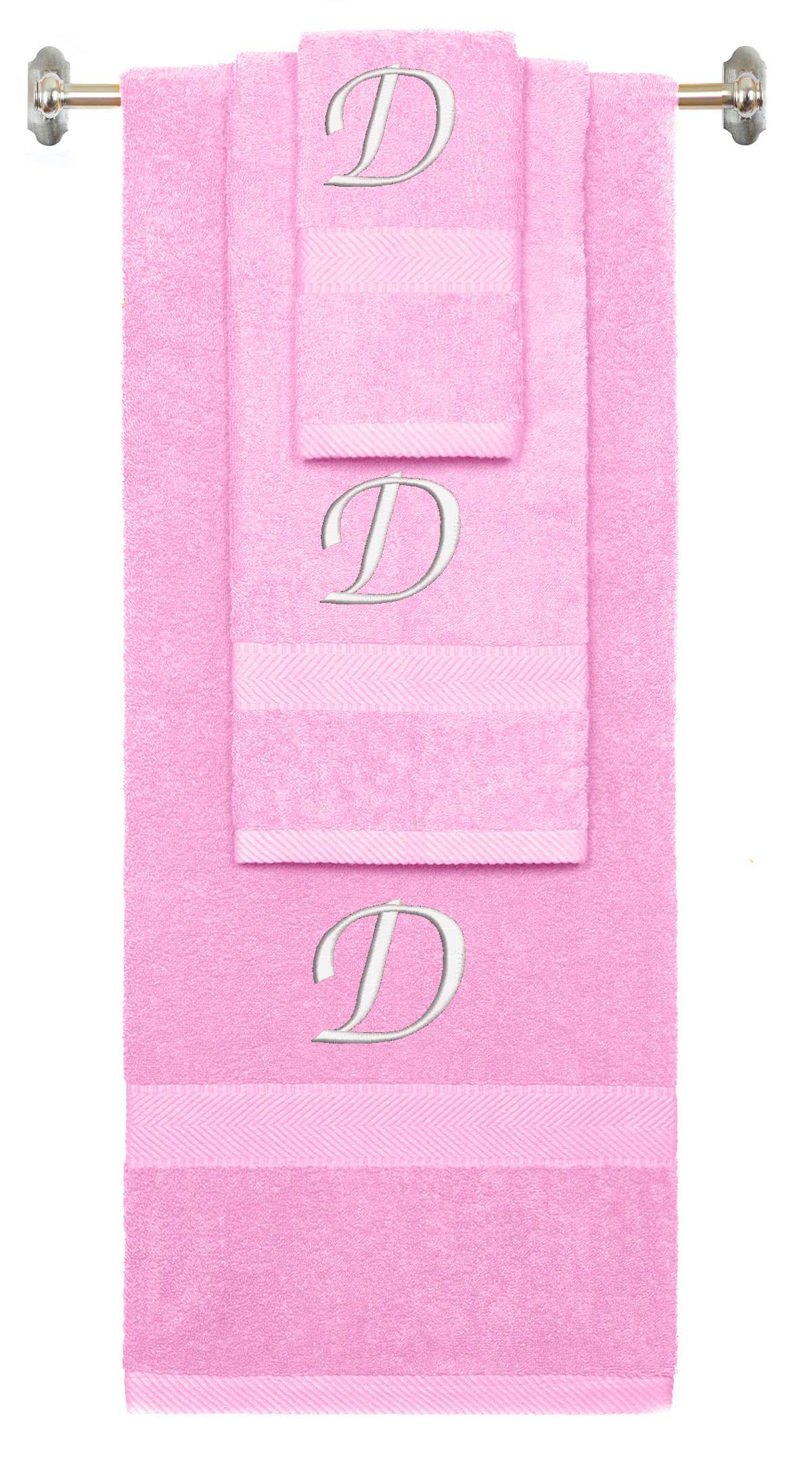 Pink monogrammed towel set with White thread, Chancery font, initial D - 540 GSM cotton 3-piece